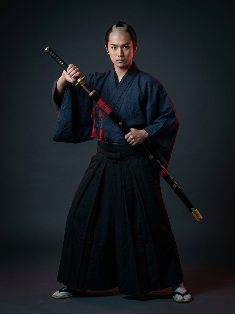 Samurai model in kimono and hakama holding the Enma Black wooden katana