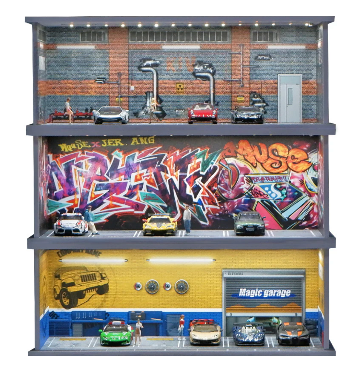 1 floor - 1:64 Scale Simulation grafiti Parking Lot Miniature Scene (Excludes Figurines and Car Models)