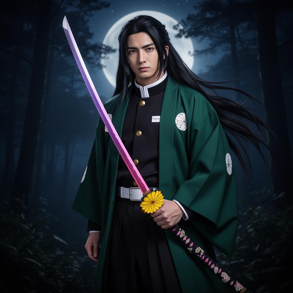 Kokushibo cosplayer in green haori with the Nichirin katana