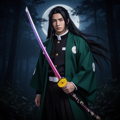 Kokushibo cosplayer in green haori with the Nichirin katana