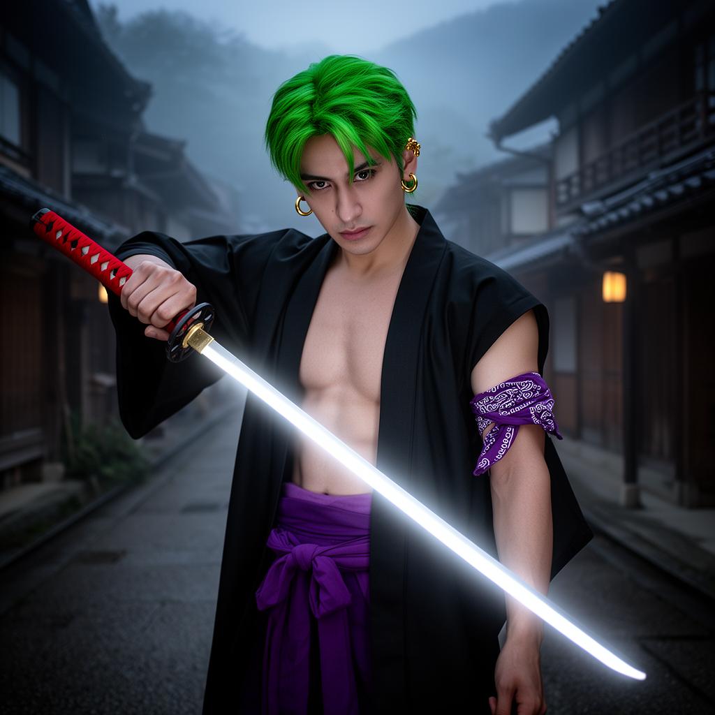 Zoro cosplayer drawing the LED Sandai Kitetsu katana