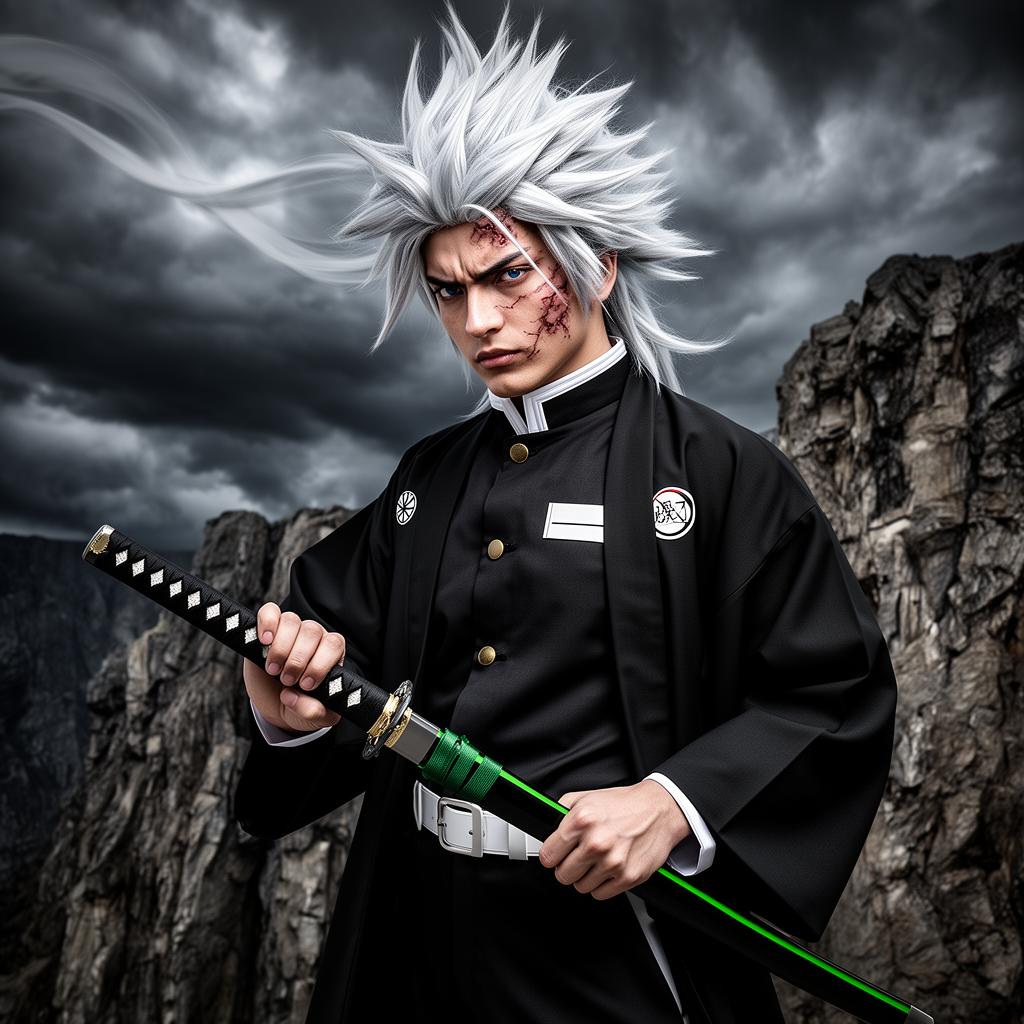 Sanemi cosplayer in Demon Slayer Corps uniform with the Nichirin katana
