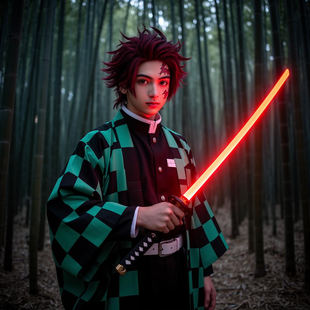 Tanjiro cosplayer in checkered haori holding the LED Nichirin katana