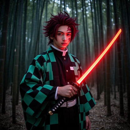 Tanjiro cosplayer in checkered haori holding the LED Nichirin katana