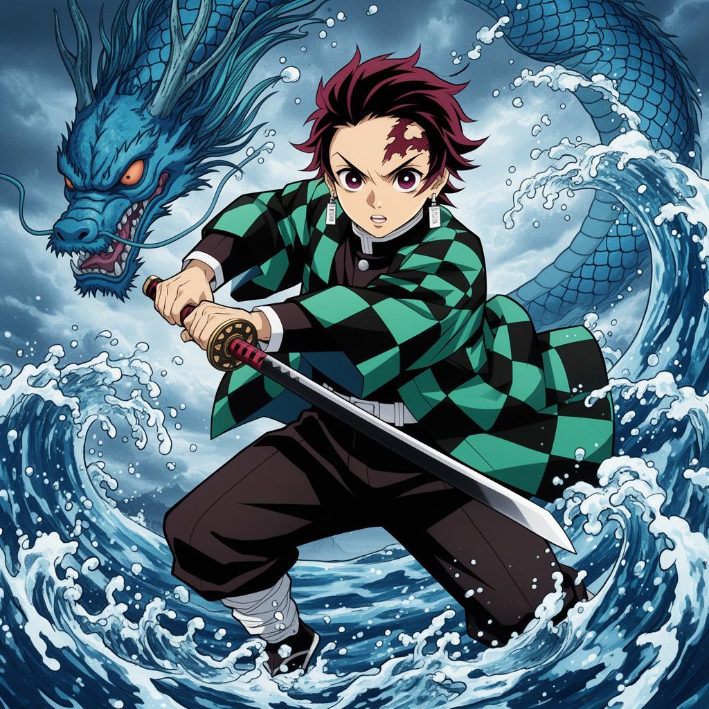 Tanjiro Kamado anime poster cover art with water dragon
