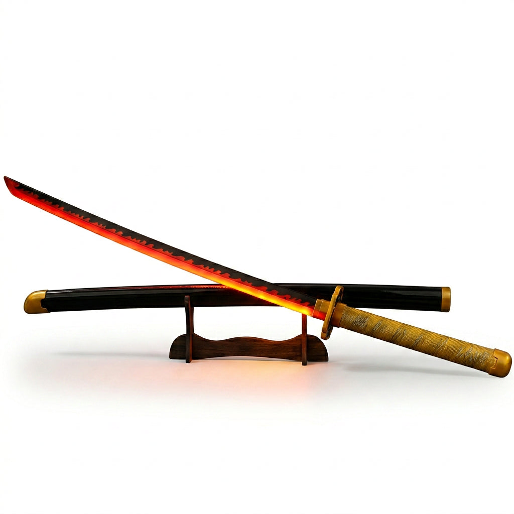 Yoriichi LED wooden katana on display stand — clean product shot