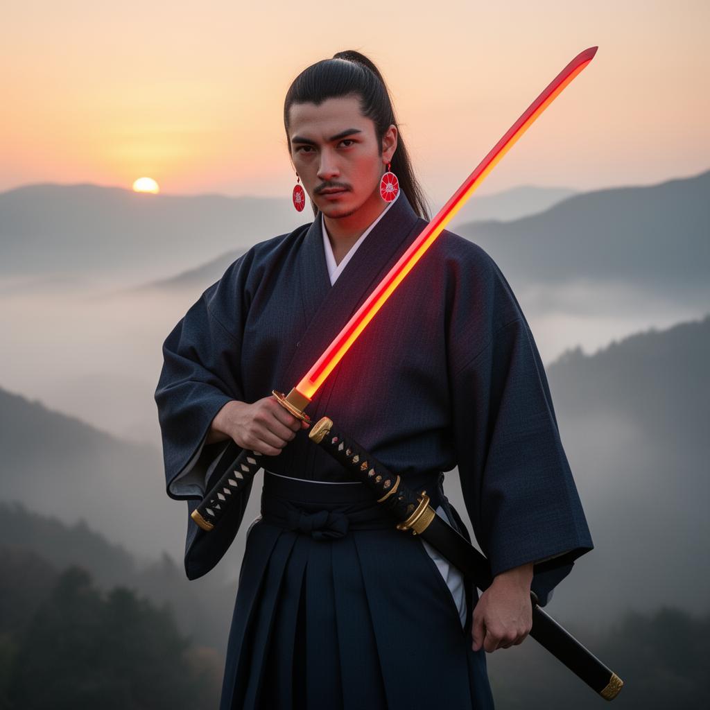 Yoriichi cosplayer in indigo kimono holding the LED katana at sunrise