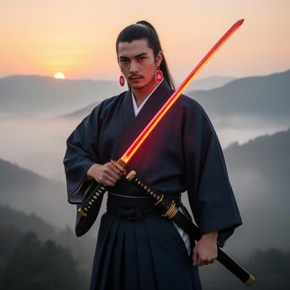 Yoriichi cosplayer in indigo kimono holding the LED katana at sunrise