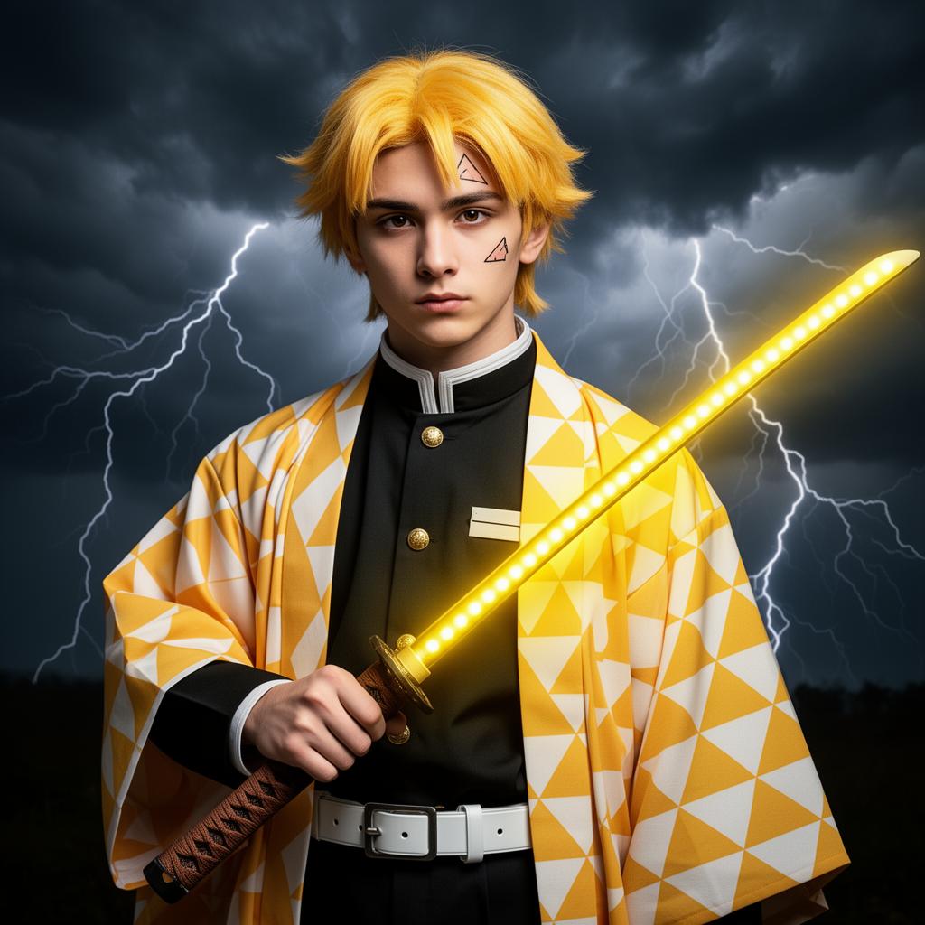 Zenitsu cosplayer in yellow haori holding the LED Nichirin katana
