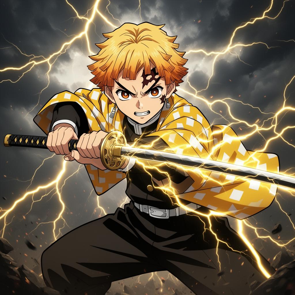 Zenitsu Agatsuma anime poster cover art with lightning