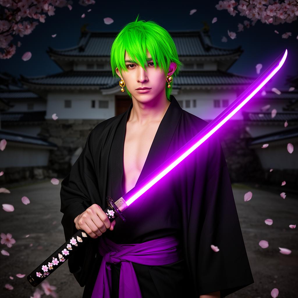 Zoro cosplayer at night holding the purple LED Shusui katana