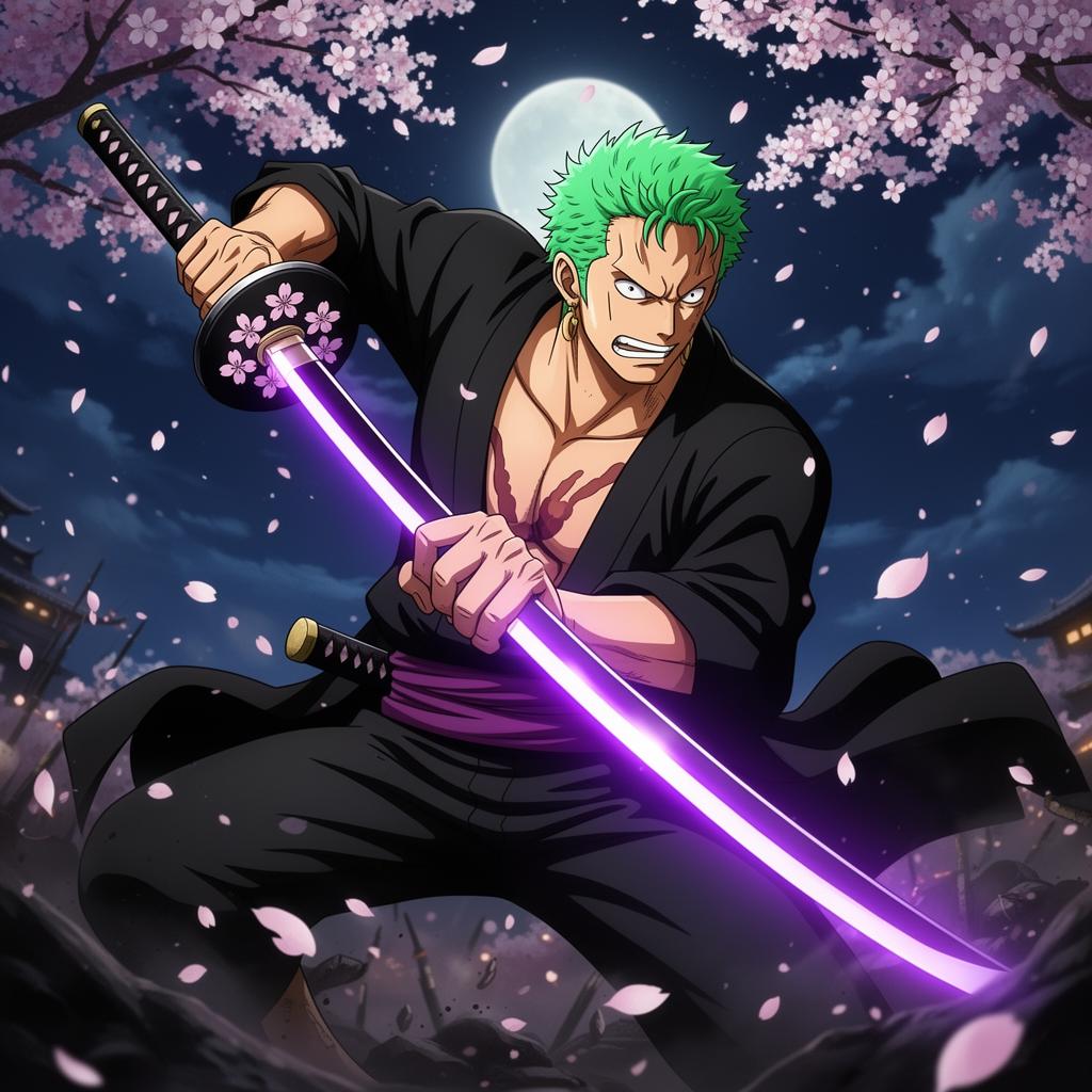 Zoro Shusui Black anime poster cover art with cherry blossoms