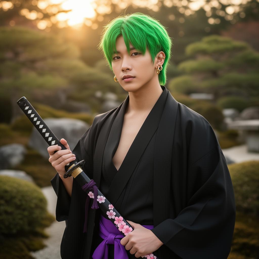 Zoro cosplayer in black kimono holding the Shusui katana